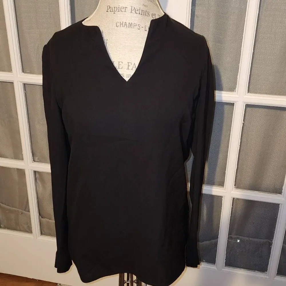 Lafayette 148 New York Womens Black Long Sleeve V Neck Silk Blouse Top P Med 8 1